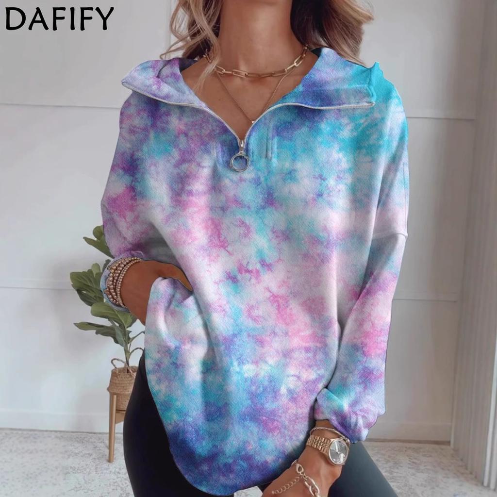 DAFIFY Women's Fashion Casual Spring Autumn Colour Block Print Long Sleeve V-Neck Blouses & Shirts