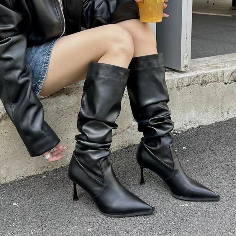 Fashion Comemore Autumn Winter Women's Boots New Pointed High Heels Sexy Pleated Thin Heels Female Fashion Versatile Mid Length Boots
