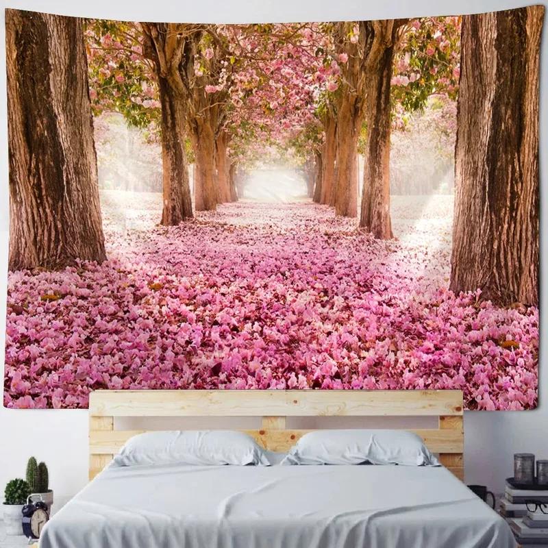 Pink Cherry Blossom Forest Pattern Tapestry Home Wall Decoration Tapestry Bedroom Living Room Tapestry