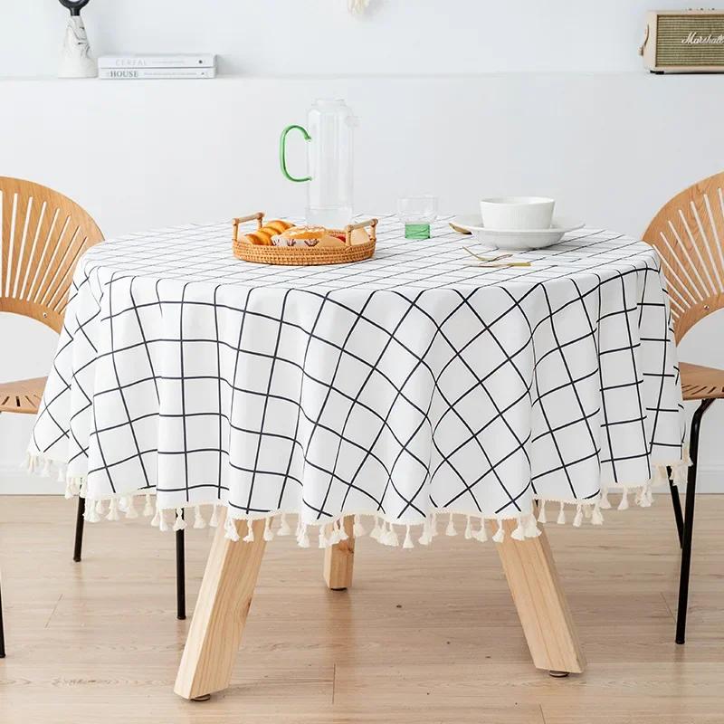 Modern Minimalist Linen Solid Round Tablecloth Handmade Lace Thickened Table Cloth Waterproof Dustproof Table Cover