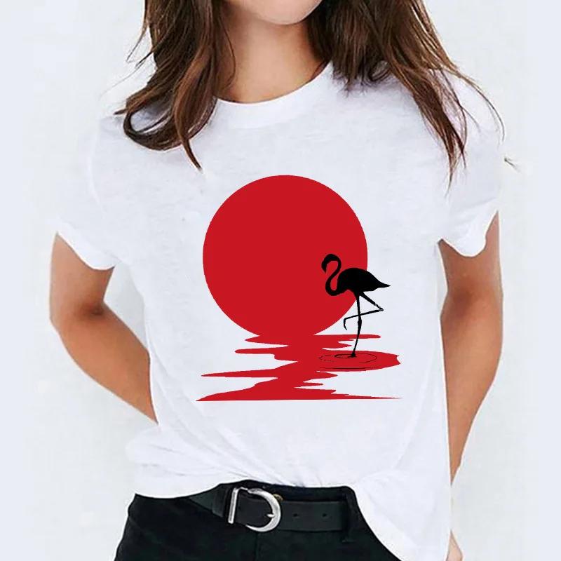 Flamingos Pattern Half Sleeve Tshirt Womens Harajuku Style Graphic Top Aesthetic Short Base Shirt Fashion for Ladies