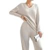 Autumn and winter cross-border European and American new fashionable casual straight-leg pants, elegant loose V-neck groove strip two-piece set 