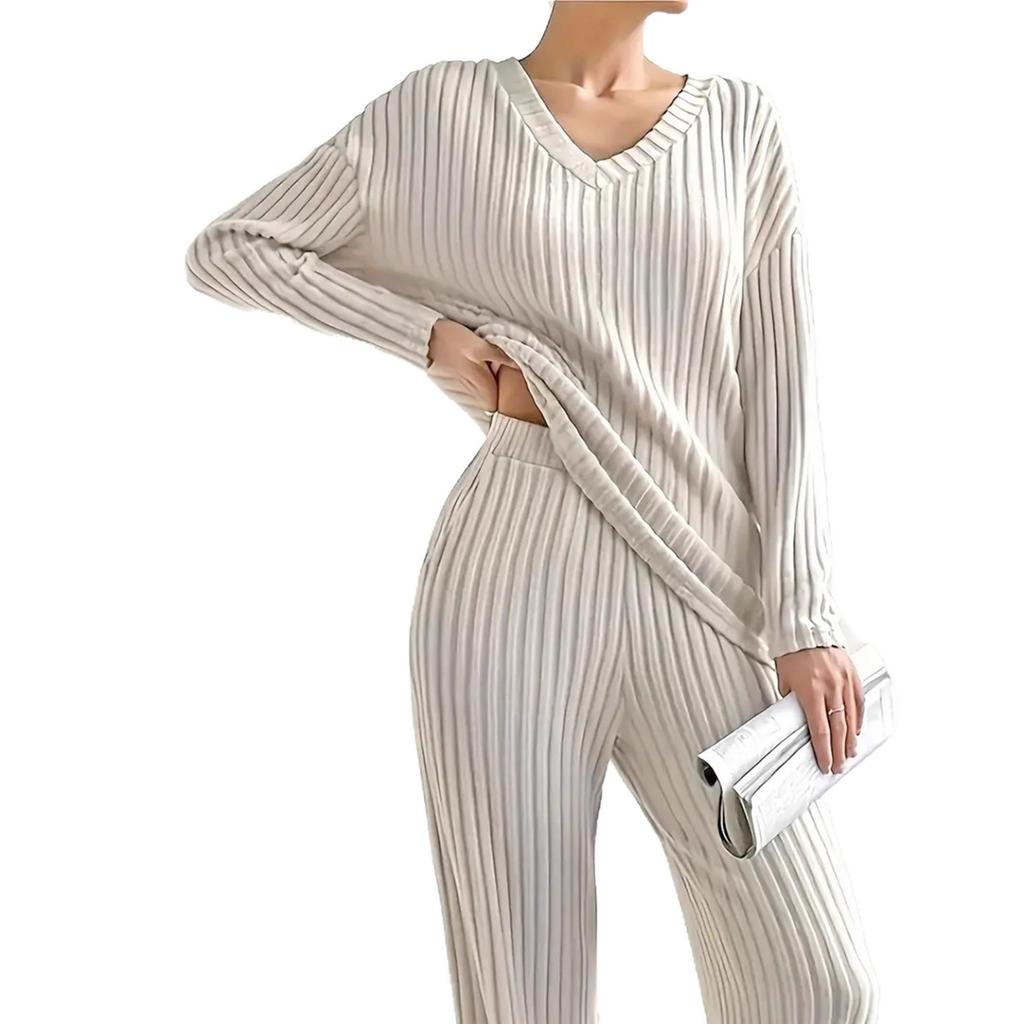 Autumn and winter cross-border European and American new fashionable casual straight-leg pants, elegant loose V-neck groove strip two-piece set 