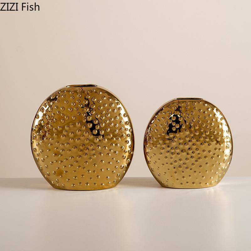 Gold Plated Spikes Ceramic Vase Round Floral Plant Pots Table Decoration Flowers Arrangement Flower Vase Room Aesthetic Decor