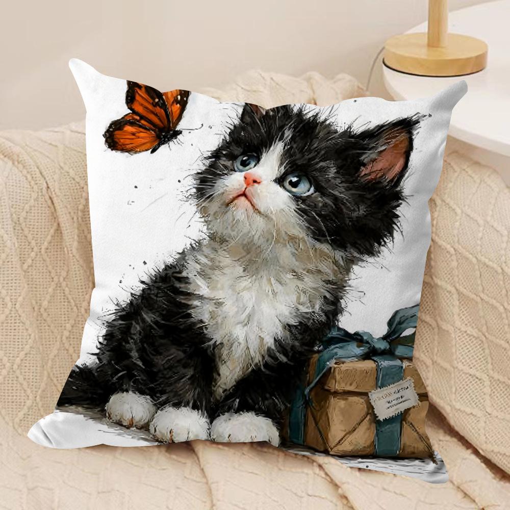 Cute Cat and Flower Cushion Cover Short Plush Doublesided Print Square Throw Pillow Covers Sofa Home Cushion Decor