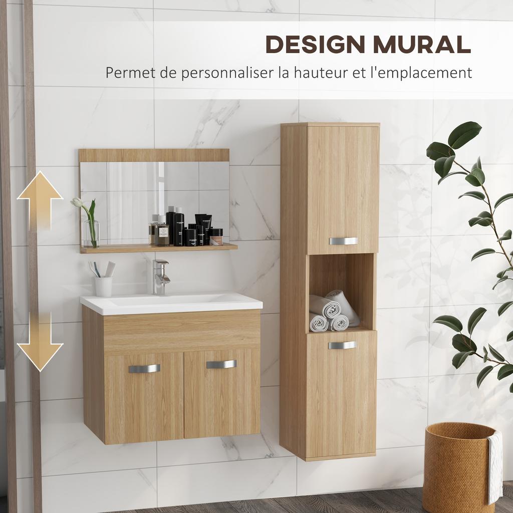 4-Piece Bathroom Furniture Set, Wall-Mounted, with Mirror, Under-Basin Unit, Basin and Tall Cabinet, Natural