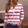 2025 Summer New Women's Casual V-Neck Button Striped T-Shirt Fashion Versatile Top for Europe and America