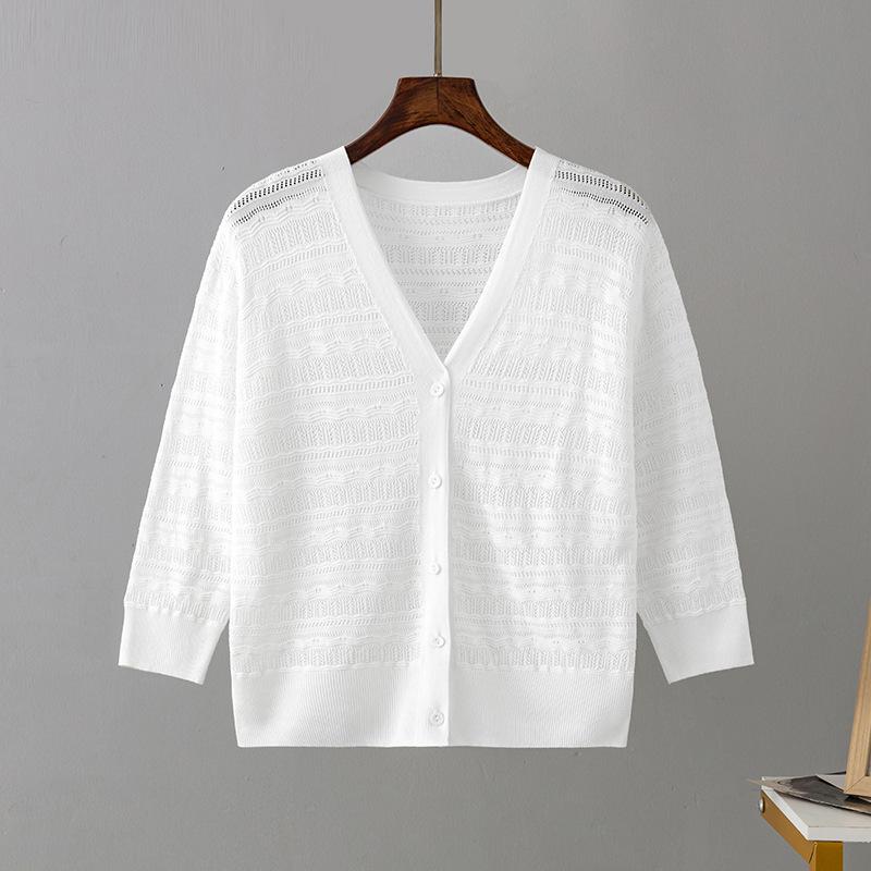 Dlouhý rukáv s výstřihem do V Dutý pulovr pro Femme Dámské Jednobarevné Knoflíček Tenké ledové šifonové halenky Košile Měkký a prodyšný úpletový top