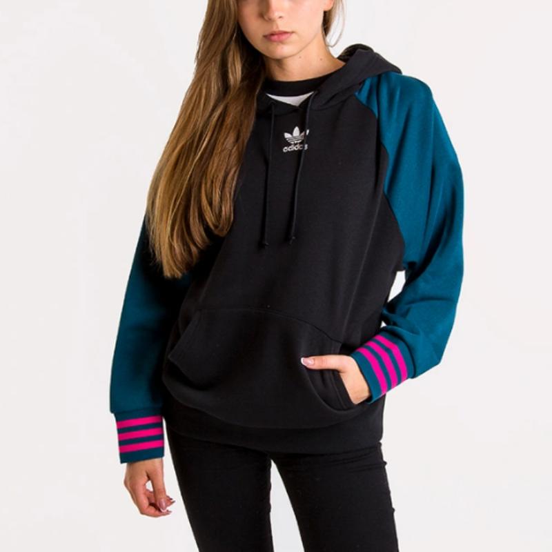 adidas Originals Color Block Logo Hoodie Women Hoodies Black Blue EJ8742