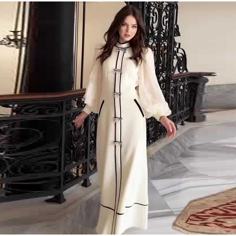 Ladies' Contrasting Round Neck Bow Decoration Long Dress with Slim Fit Temperament Spring and Summer New Women's Elegantlong Sleeved Dresses