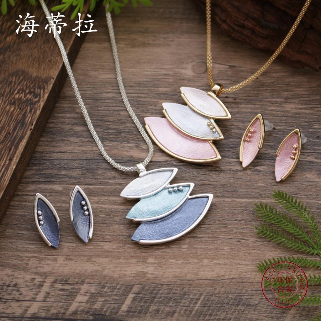 New color painting oil geometric petal stud earrings pendant set, women's premium petal necklace set