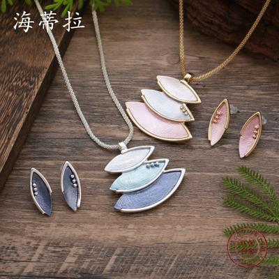 New Color Painting Oil Geometric Petal Stud Earrings Pendant Set, Women's Premium Petal Necklace Set