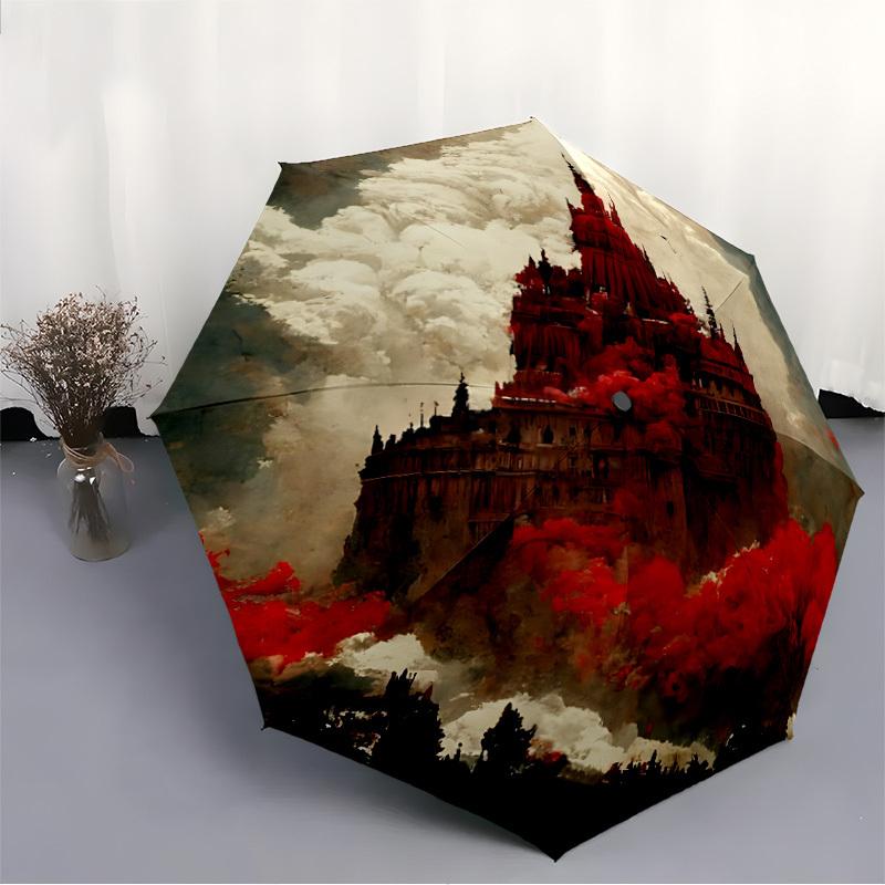 1pc Fantasy Castle Auto Windproof Umbrella 8 Rib Portable Folding Black Iron Frame for Outdoor, Beach, Travel, Beach Umbrella111