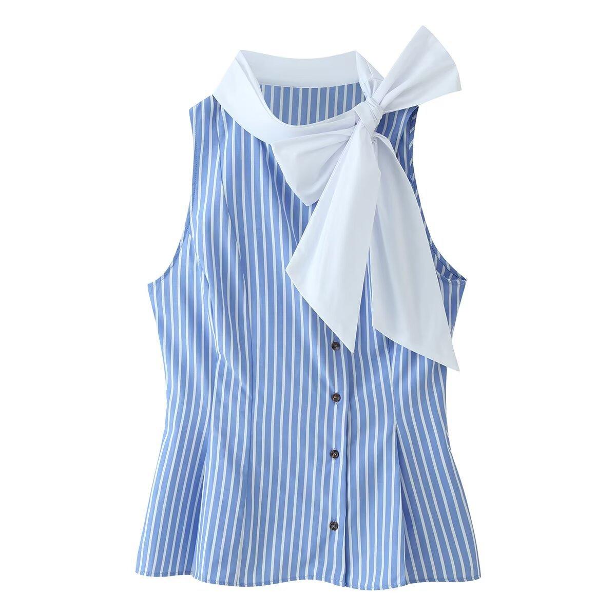 European and American style, new women s clothing, foreign style, striped sleeveless shirt with bow decoration 4006817 XS