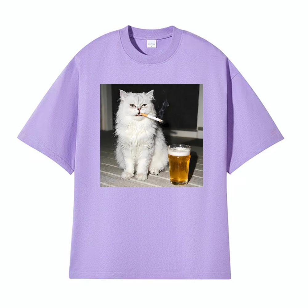 Funny Persian Cat Smoking and Drinking Beer Vintage Tshirts Mens Women Casual Cotton T Shirt Fashion Cool Short Sleeve Tshirt