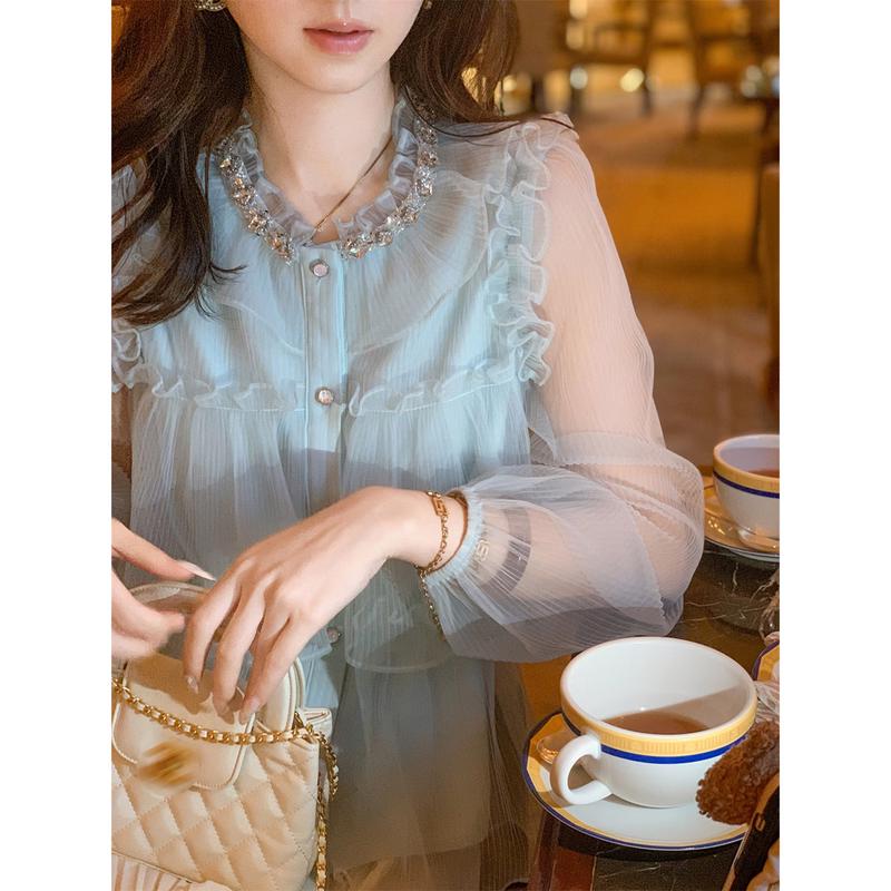 Camicetta da Donna in Chiffon Ruffles e Strass Stile Francese