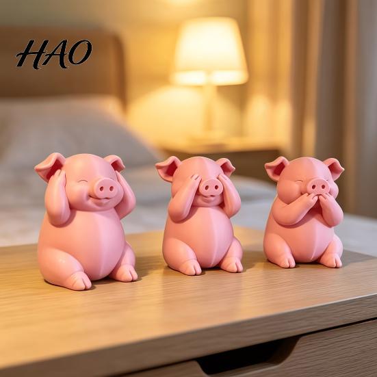 Adorable Animal Figurine for Home Decor 3 Pcs Cute Mini Pig Figurines, 3D Printed See Hear Speak No Evil Kawaii Bedroom Pink Statue, Novelty
