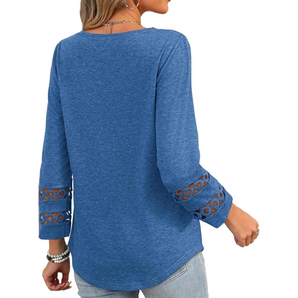 Women's Fashion Patchwork Loose V-neck Seven Quarter Sleeve Knitted Sweater Casual Hollowed Out Top
