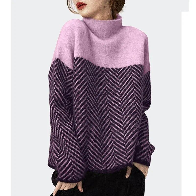 Vintage sweter w paski sweter kobieta moda 2023 zima półgolf z dzianiny grube swetry luźny sweter luźne topy 29979