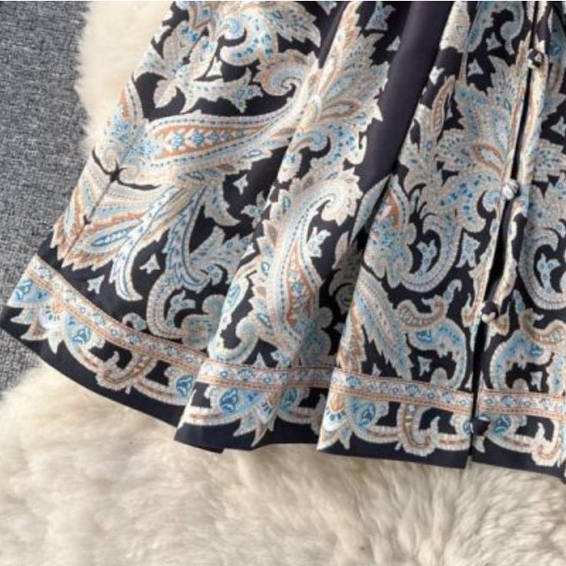 Court Style Retro Printing One Piece Dress Women V-neck Elegant Short Party Dresses Female French Belt High Waist Chic Dress Vacation