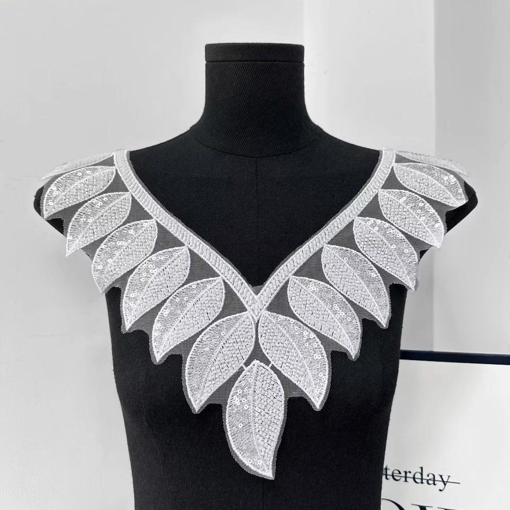 

Fashion Embroidery Lace Chest Collar Sequin Bead Ethnic Style CollarPatches Applique Leaf-Shaped Dress Flower Dress Decoration белый