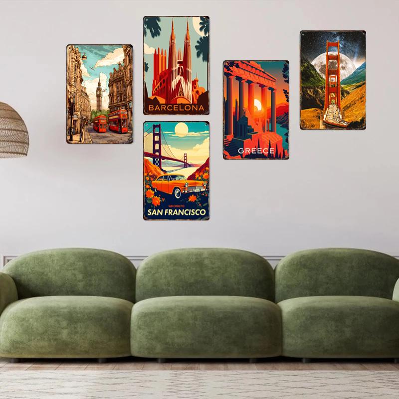 Hisun Tin Sign Vintage World Famous City Landscape Metal Tin Sign Set Retro Travel Poster Wall Art Decor for London Amsterdam Istanbul Home Liv