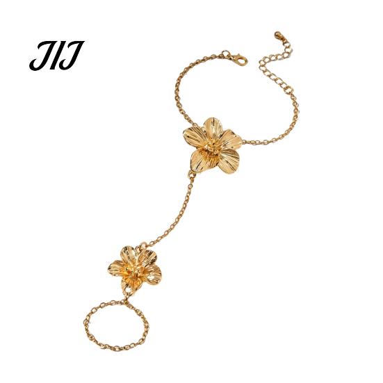 Integrated Ring Bracelet Gold Flower Hand Chain Link with Finger for Matte Gilt Women Women, Hibiscus Flowers O Bracelet, Floral Fairy Jewelry