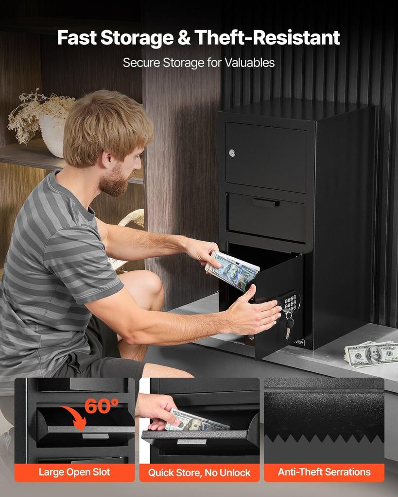 3.6 Cubic Feet Drop Safe, Large Capacity Front Drop Slot Safe Box with Digital Keypad, Heavy Duty 3 Tiers Cash Depository Box with Spare Keys for