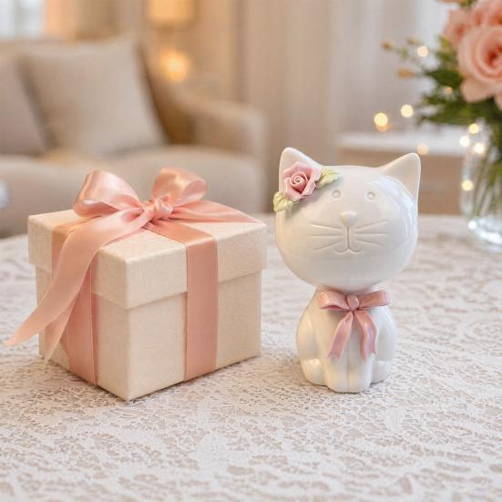 1/2Pcs Ceramic Bow Cat Figurine, Sitting Kitten Statue with Flower Decor, Mini Animal Desktop Ornament for Home Office