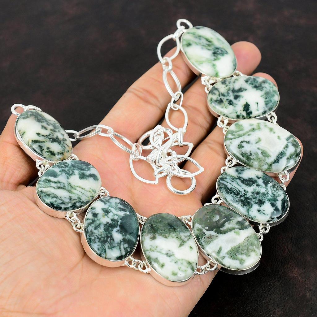 Tree Agate Necklace Handmade Ethnic Jewelry 925 Sterling Silver Necklace Adjustable Chain Necklace Gift For Women Brand New Gemstone Jewelry