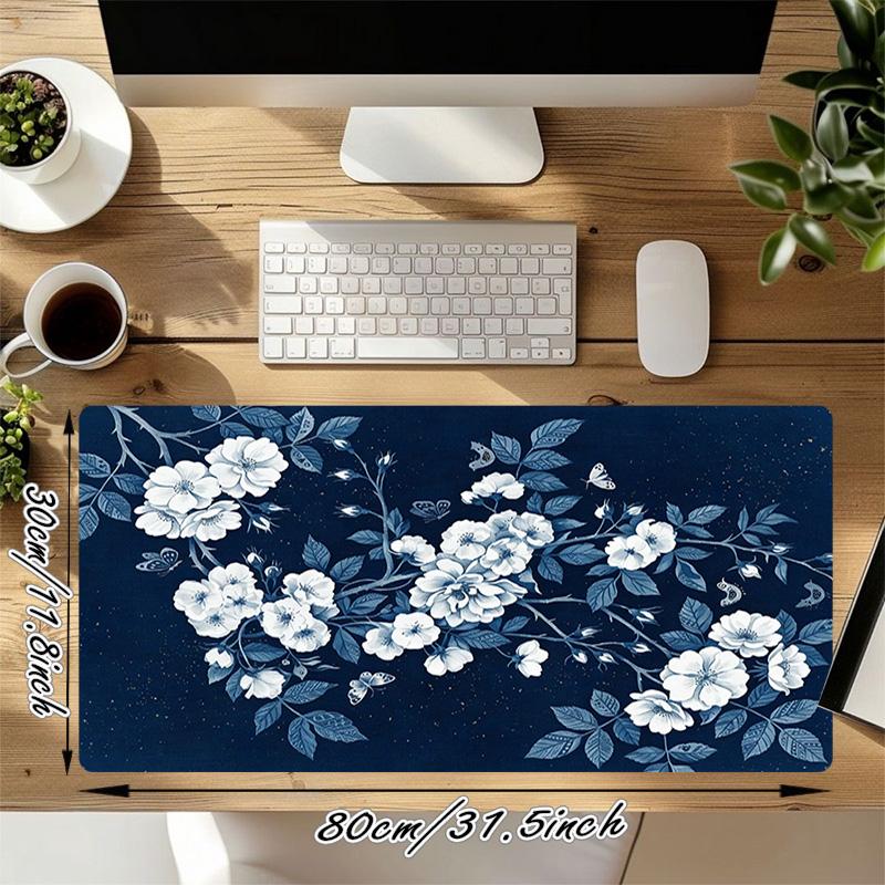 Blue Flowers Xl Gaming Mouse Pad Nonslip Rubber Base Stitched Edge Waterproof Desk Mat For Pc Laptop Gamer Office Computer Accessories C927118