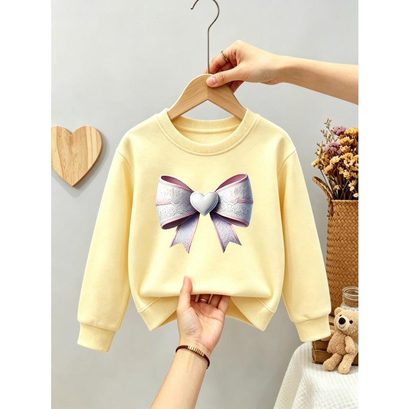 Kids Girls Crewneck Sweatshirt, 3D Pink Lace Bow With White Heart Center Print Black Soft Fleece Pullover
