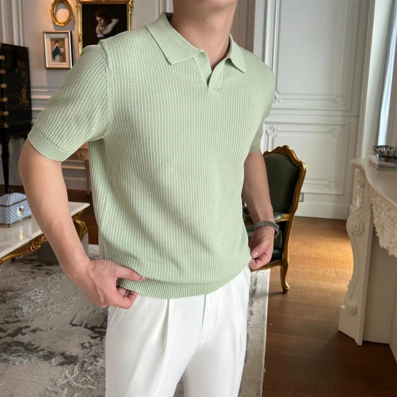 

Men Short Sleeve Knit Polo Shirt Waffle Texture V-Neck Casual Solid Color Top M зелёный