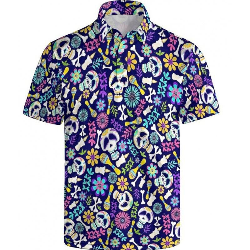 Trendy Short Sleeve Polo Shirt with Skull & Floral Print