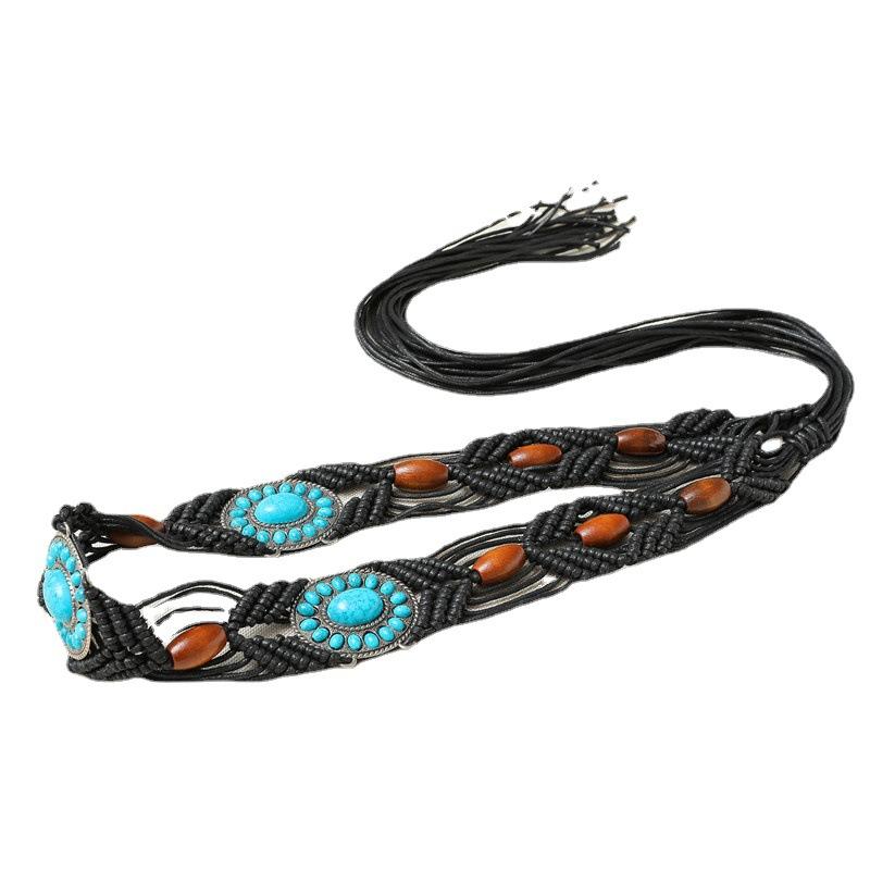 Ethnic Style Women's Belt, European and American Style DIY Knitted Hanfu Belt, Acrylic Turquoise Knitted Women's Waist Chain