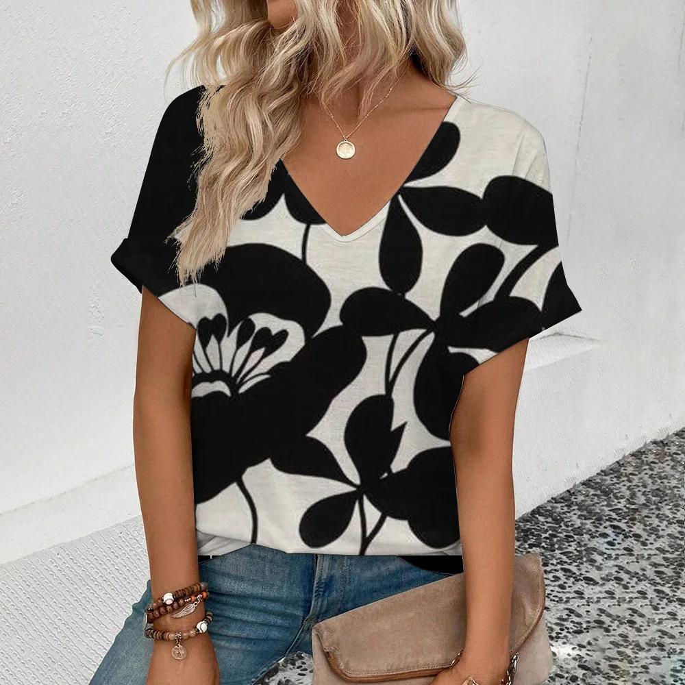 New Summer Women Fashion T-Shirt Retro Floral Printing V-Neck Tops Tees Female Outdoor Short Sleeve Clothing Lady Vintage Outfit