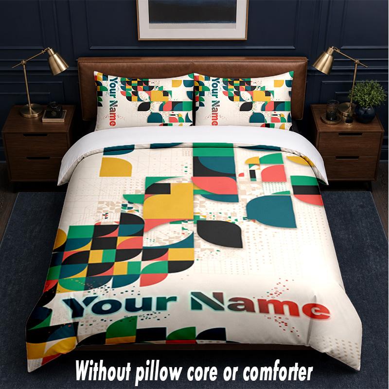 Abstract Geometric Theme Custom Text Or Name 3Pcs Bedding Set,1 Flat Sheet & 2 Pillowcases Personalized Home Bedding