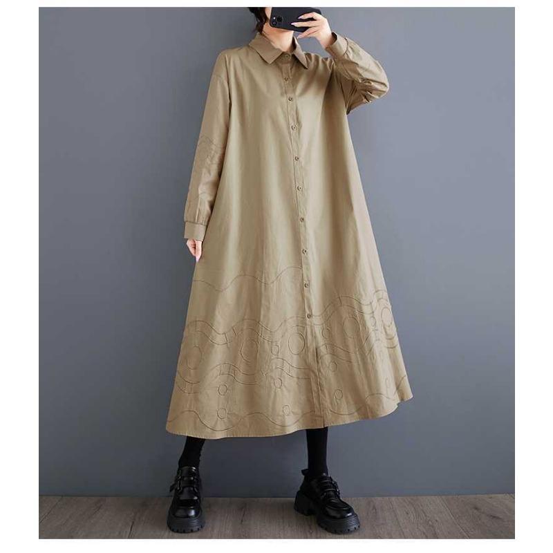 Lösa Plus Size Splicing Casual Enkla Broderier Söta Långärmade Klänningar