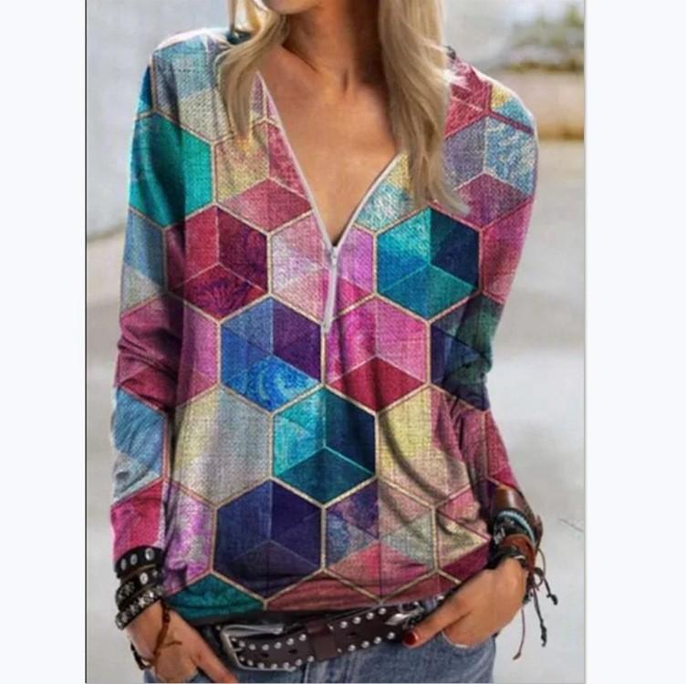 Womens V Neck Zipper Blouse Shirt Ladies Print Pullover Casual Jumper Tops Boho