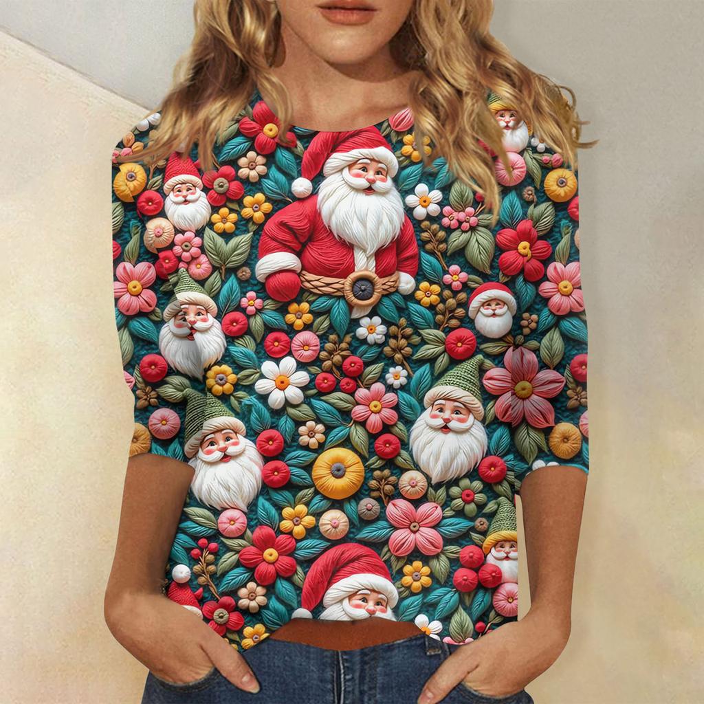 Women's Fashionable Casual Three-Quarter Sleeve Christmas Print Round Neck Top