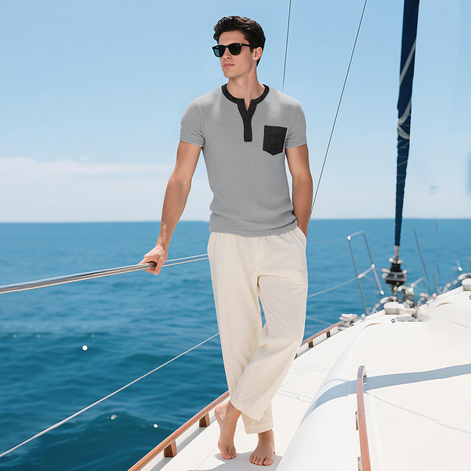 

Men s Single Breasted Pocket Round Neck Casual Sports Short Sleeved Shirt M