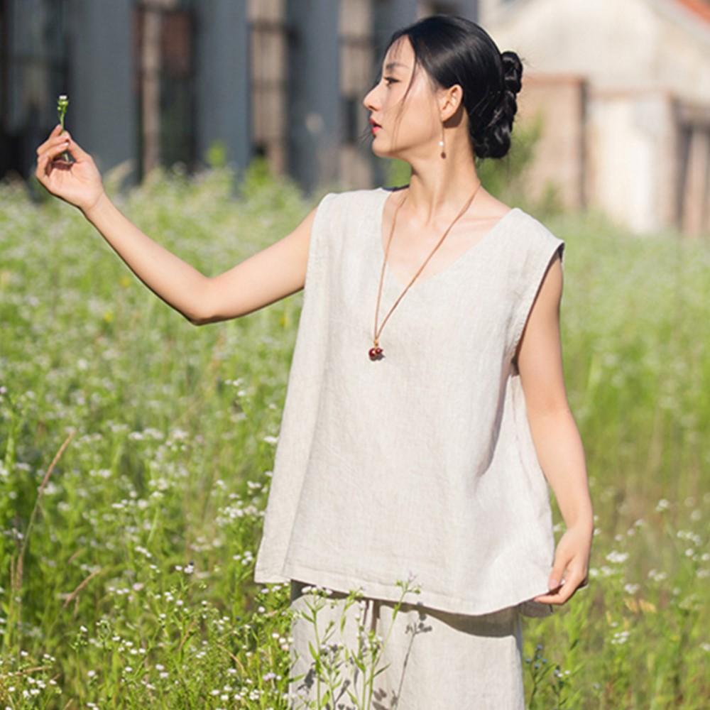 Johnature Women Vintage Sleeveless T-Shirts Summer Chinese Style Solid Color High Quality Female Soft T-Shirts