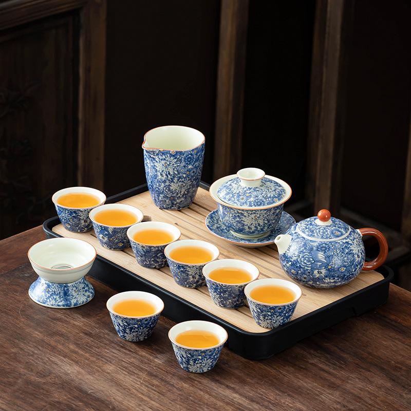 Ru Kiln Kung Fu Tea Set Household Ceramic Flower Cover Bowl High-end Gift Box