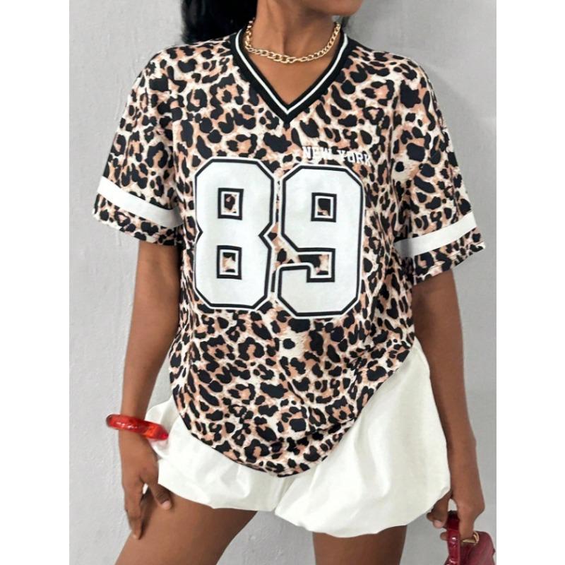 

Women s NEW YORK Leopard NO.89 Print V-Neck Short Sleeve T-Shirt Summer Graphic Tee Baseball Jerseys Plus Size Sport T-Shirt M