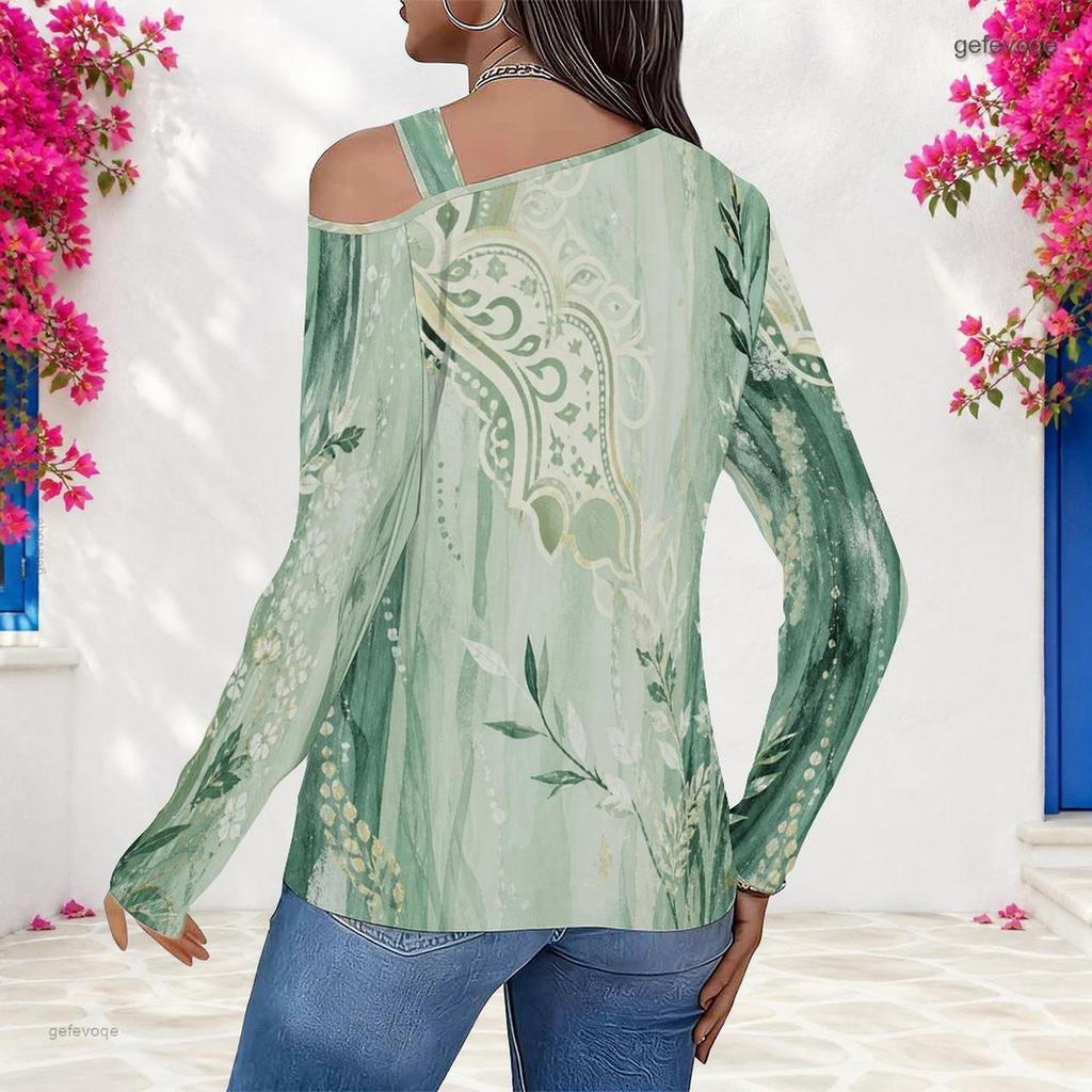 Women Plus Size Asymmetric Cutout Neck Cold Shoulder Long Sleeve Navy Geometric Printed Top