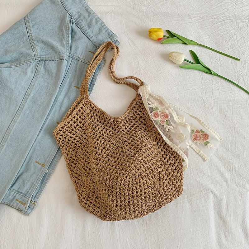 Summer Lace Bow Tote Bags Women Raffia Knitting Woven Shoulder Bag 2025 Rattan Large Casual Crochet Shopping Bag Ladies Handbag