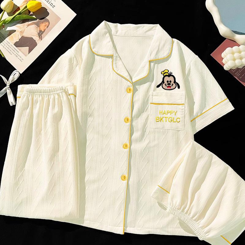 

Мультяшный щенок, имитация хлопка, жаккард, высококачественная простая пижама, женская летняя домашняя одежда, комплект из трех предметов с коротким рукавом L [Recommended 100-60kg]