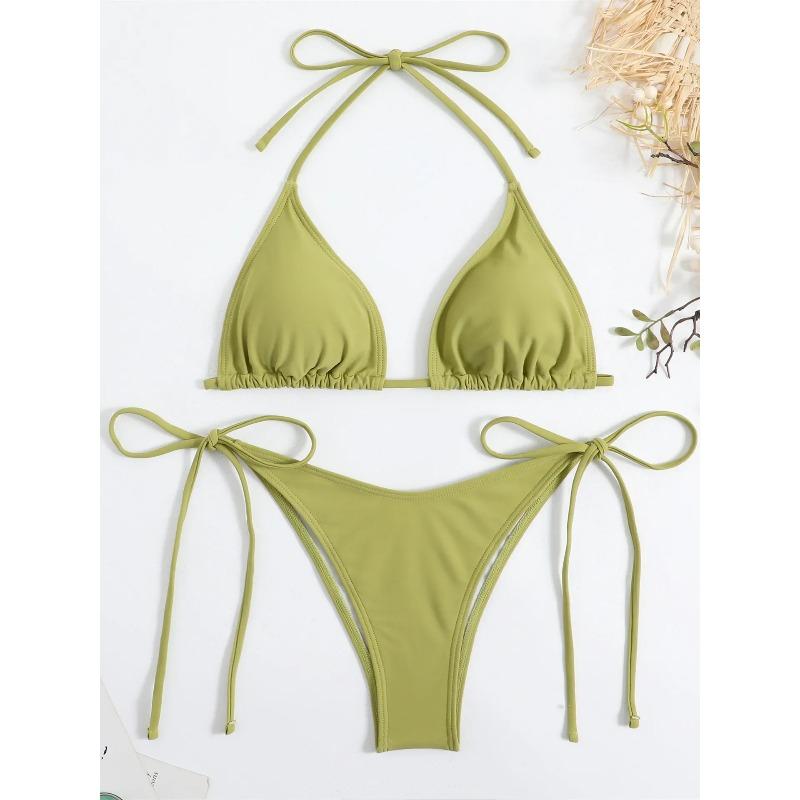 Sexy Brown Bikini 2026 Women Solid Red Halter Push Up Bra Tie Side Triangle Swimsuit Summer Bathing Suit Lace Up Micro Swimwear