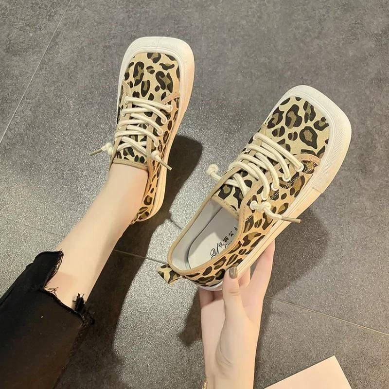 Dámské plátěné mokasíny se čtvercovou špičkou pro široká chodidla, volnočasové šněrovací tenisky na platformě, boty s leopardím a zebřím potiskem   Boty