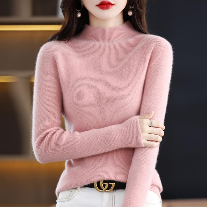 Women's Pure Wool Long Sleeve Pullover Sweater with Half-High Neck - Solid Color, Base Layer for Autumn and Winter